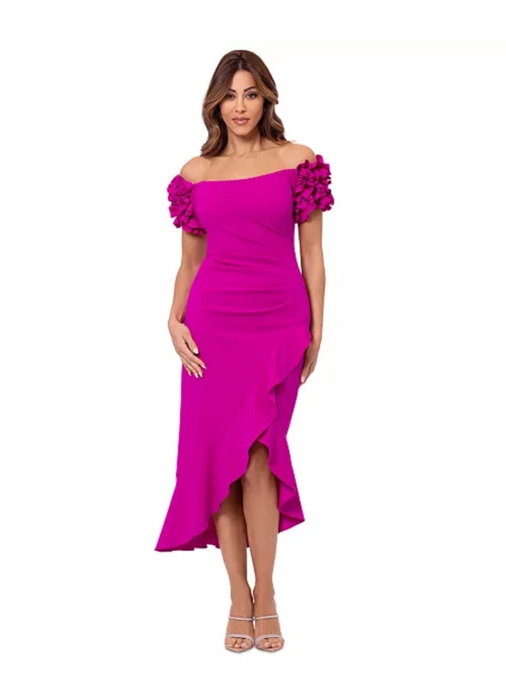 Xscape Fuchsia Off-Shoulder Ruffle Sleeve High-Low Dress